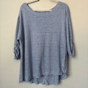 Adrienne Vittadini 2X Linen Three-quarter Sleeve Roll Tab Stripe Top Beachy